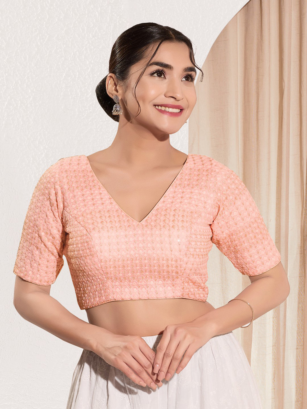 Peach cotton silk V neck blouse