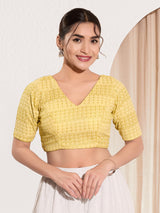 Yellow cotton silk V neck back open blouse
