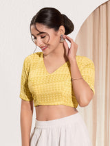 Yellow cotton silk V neck back open blouse