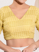 Yellow cotton silk V neck back open blouse