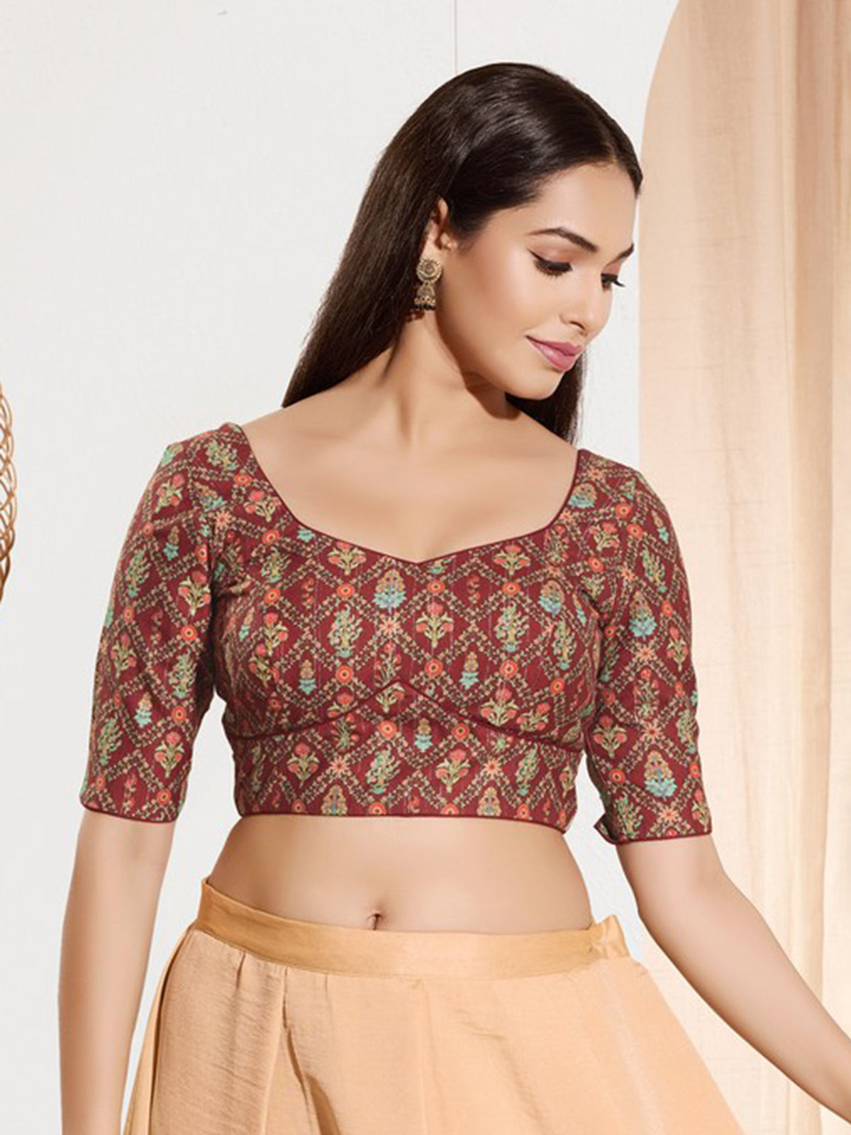Maroon viscose rayon sweetheart neck blouse