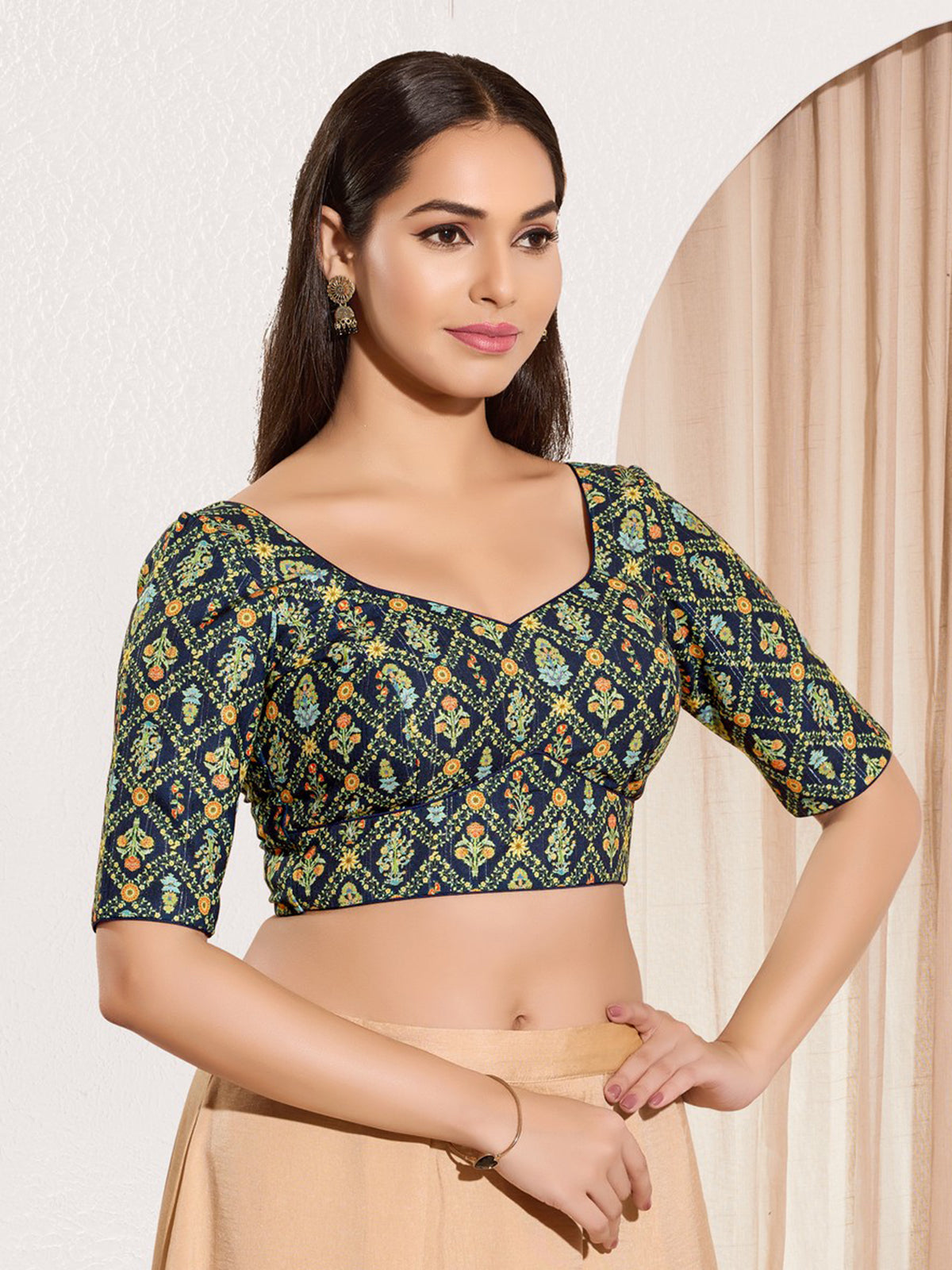Navy blue viscose rayon sweetheart neck blouse