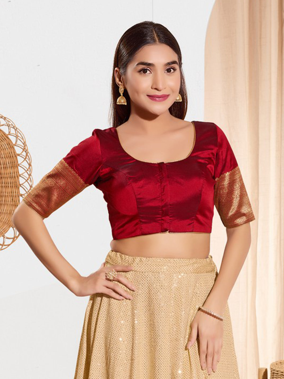 Maroon zari tafeta silk front open blouse