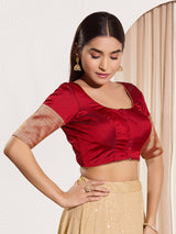 Maroon zari tafeta silk front open blouse