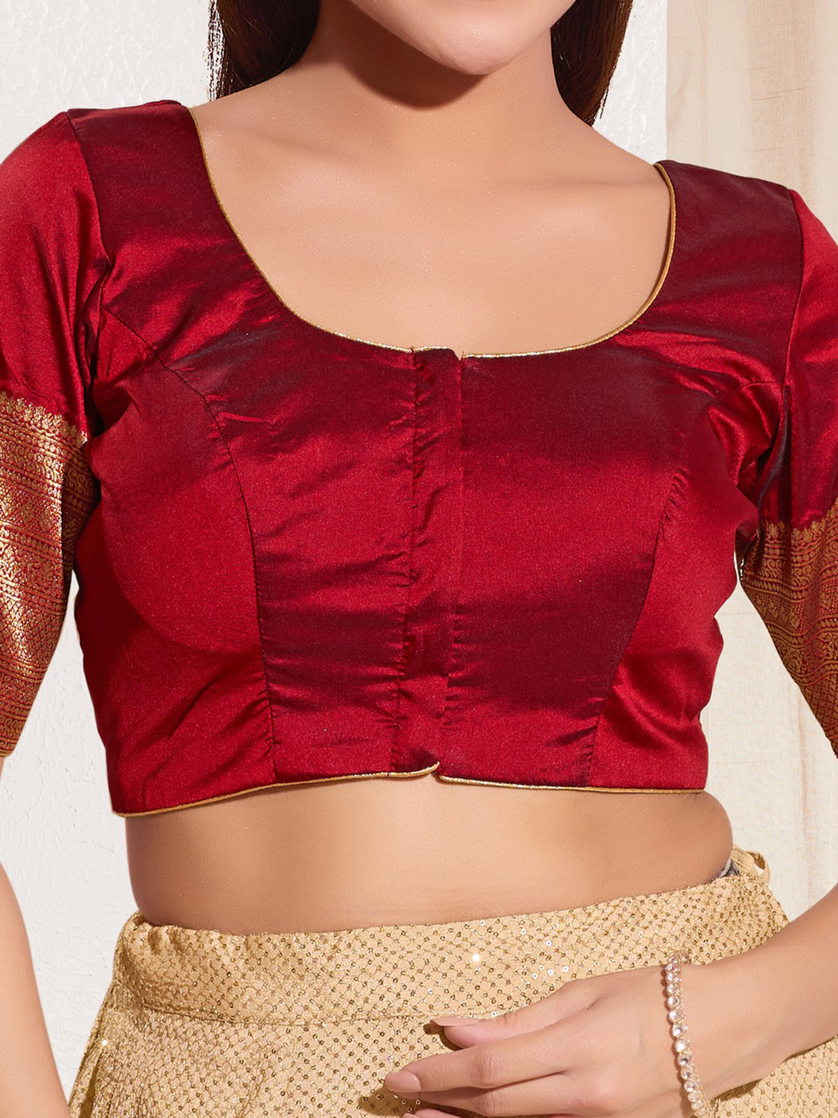 Maroon zari tafeta silk front open blouse