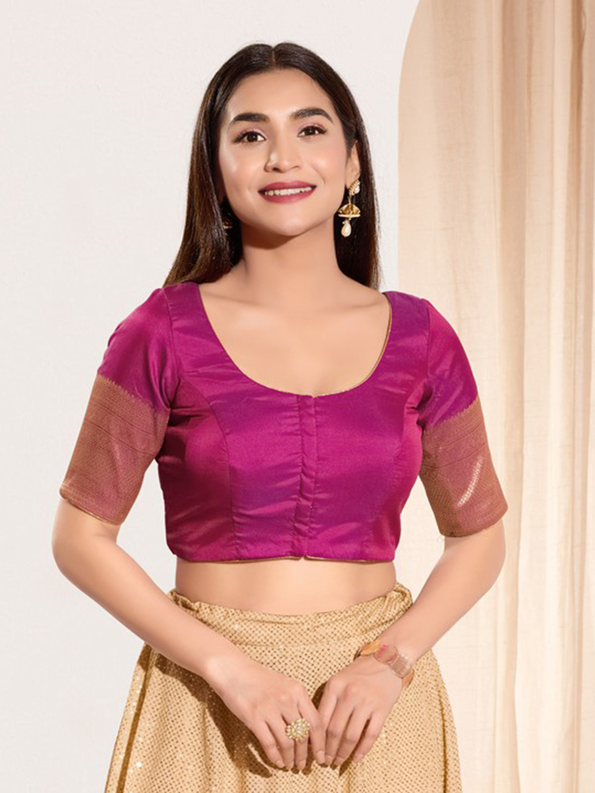 Purple zari tafeta silk elbow sleeve blouse