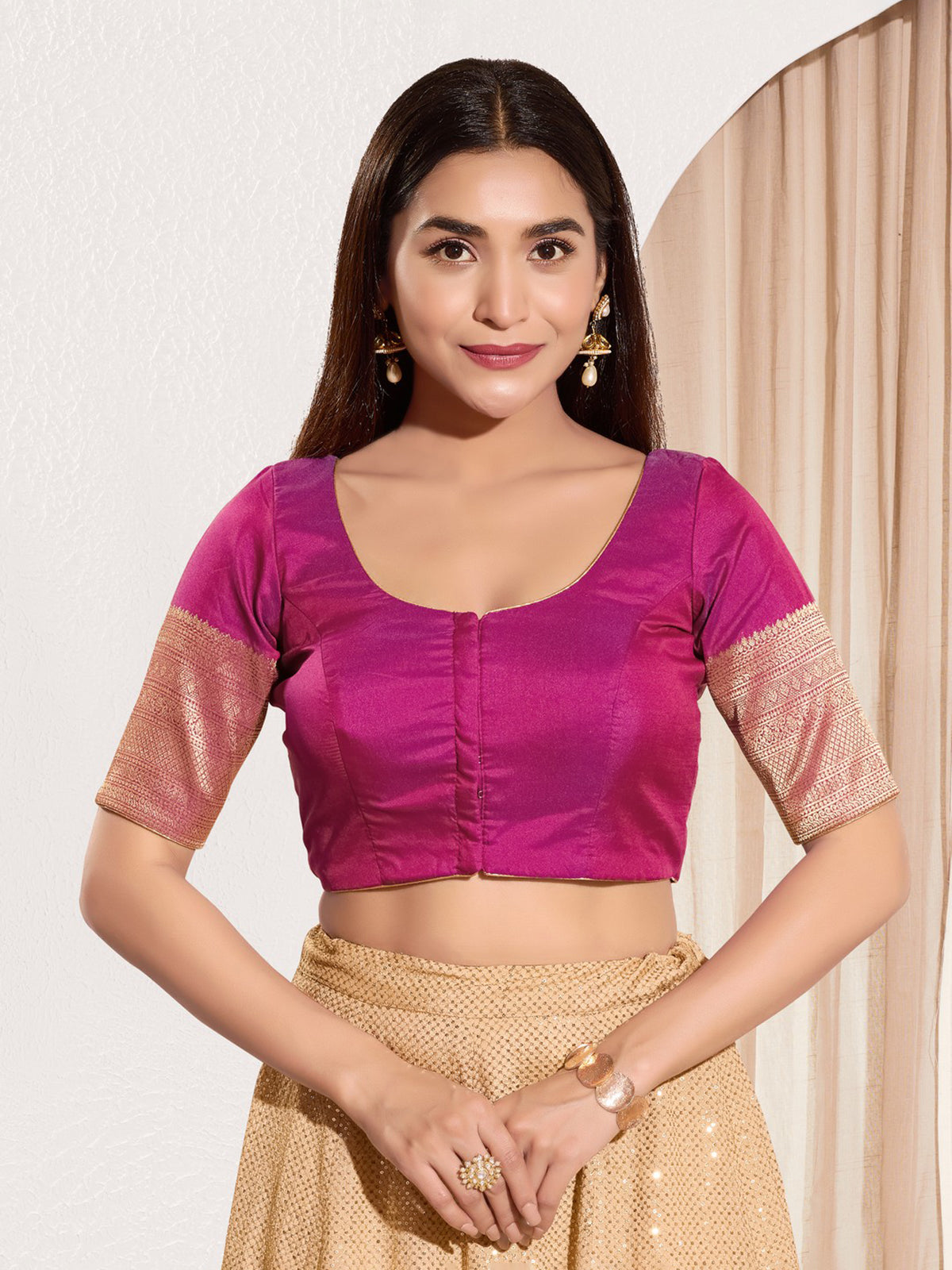 Purple zari tafeta silk elbow sleeve blouse