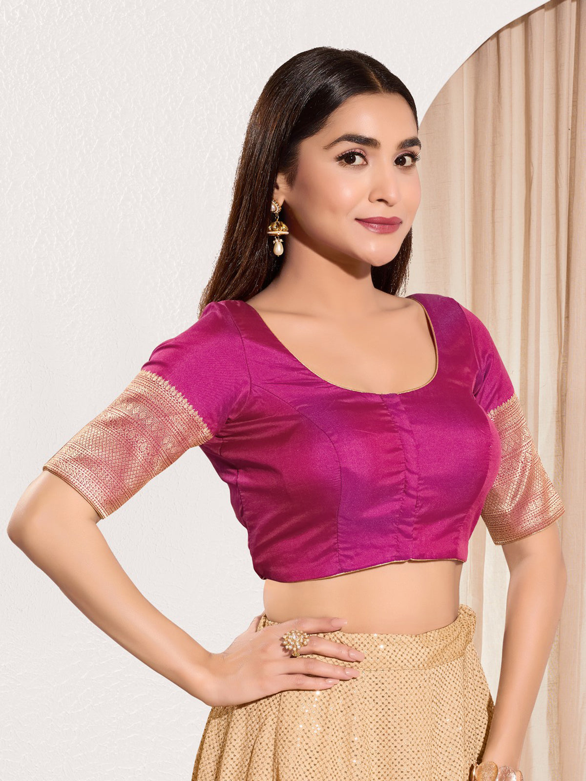 Purple zari tafeta silk elbow sleeve blouse