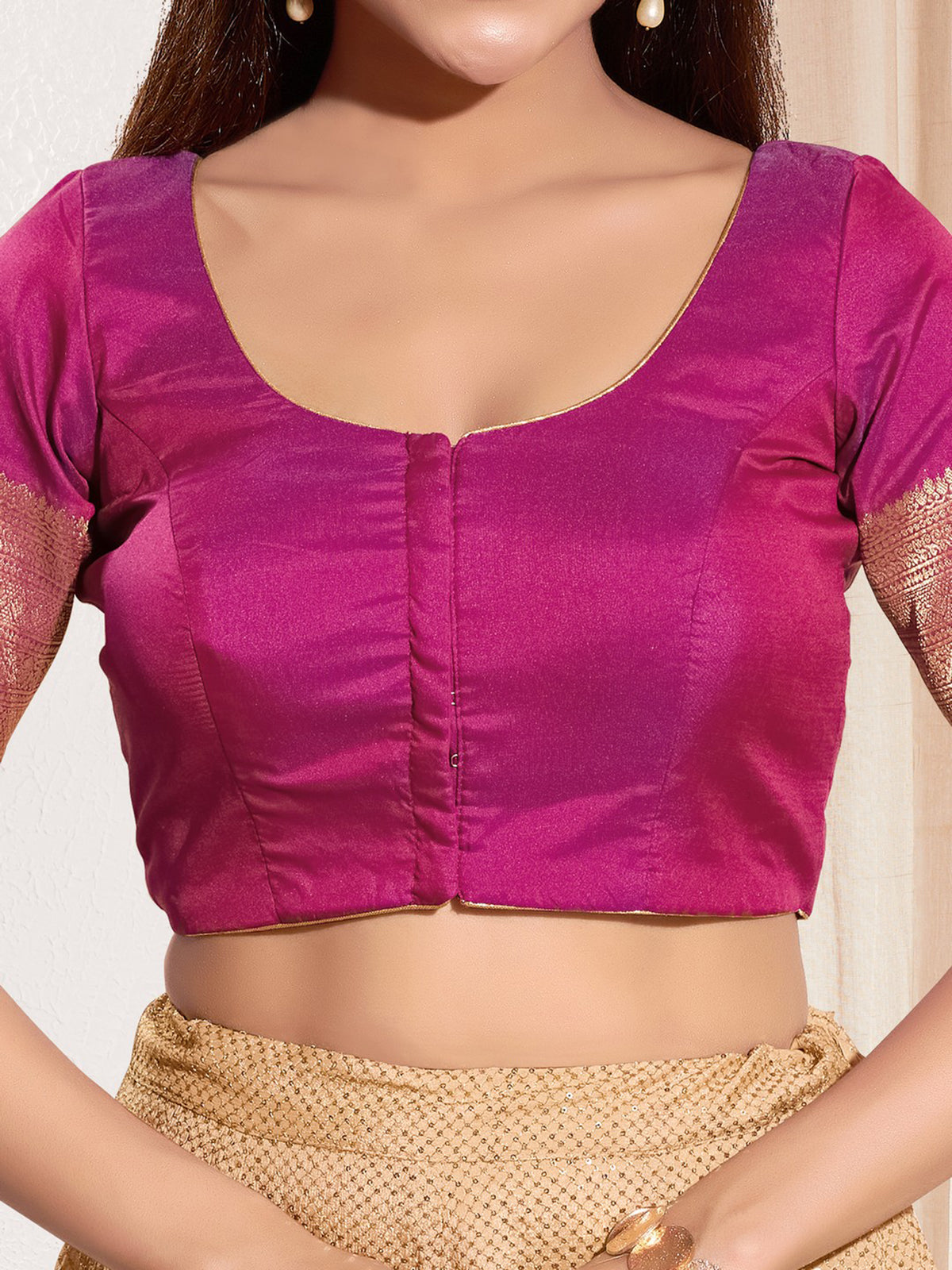 Purple zari tafeta silk elbow sleeve blouse