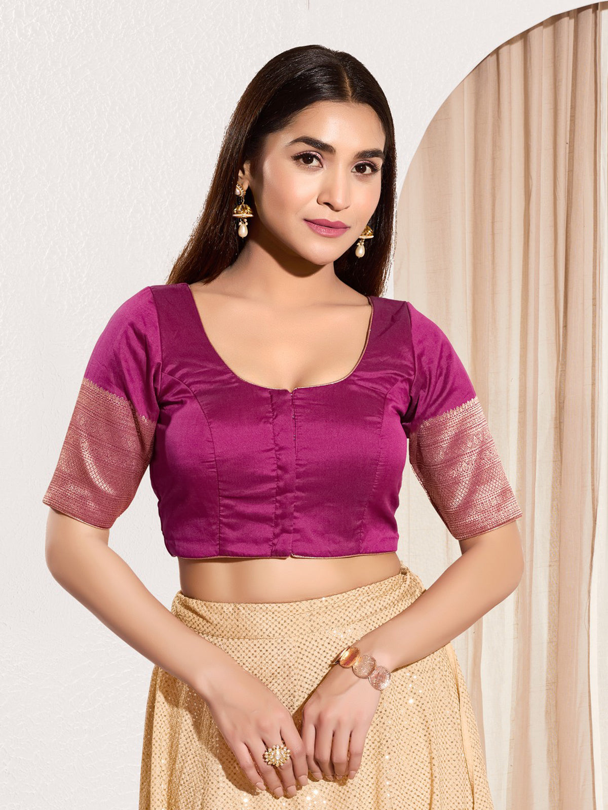 Pink zari tafeta silk front open blouse
