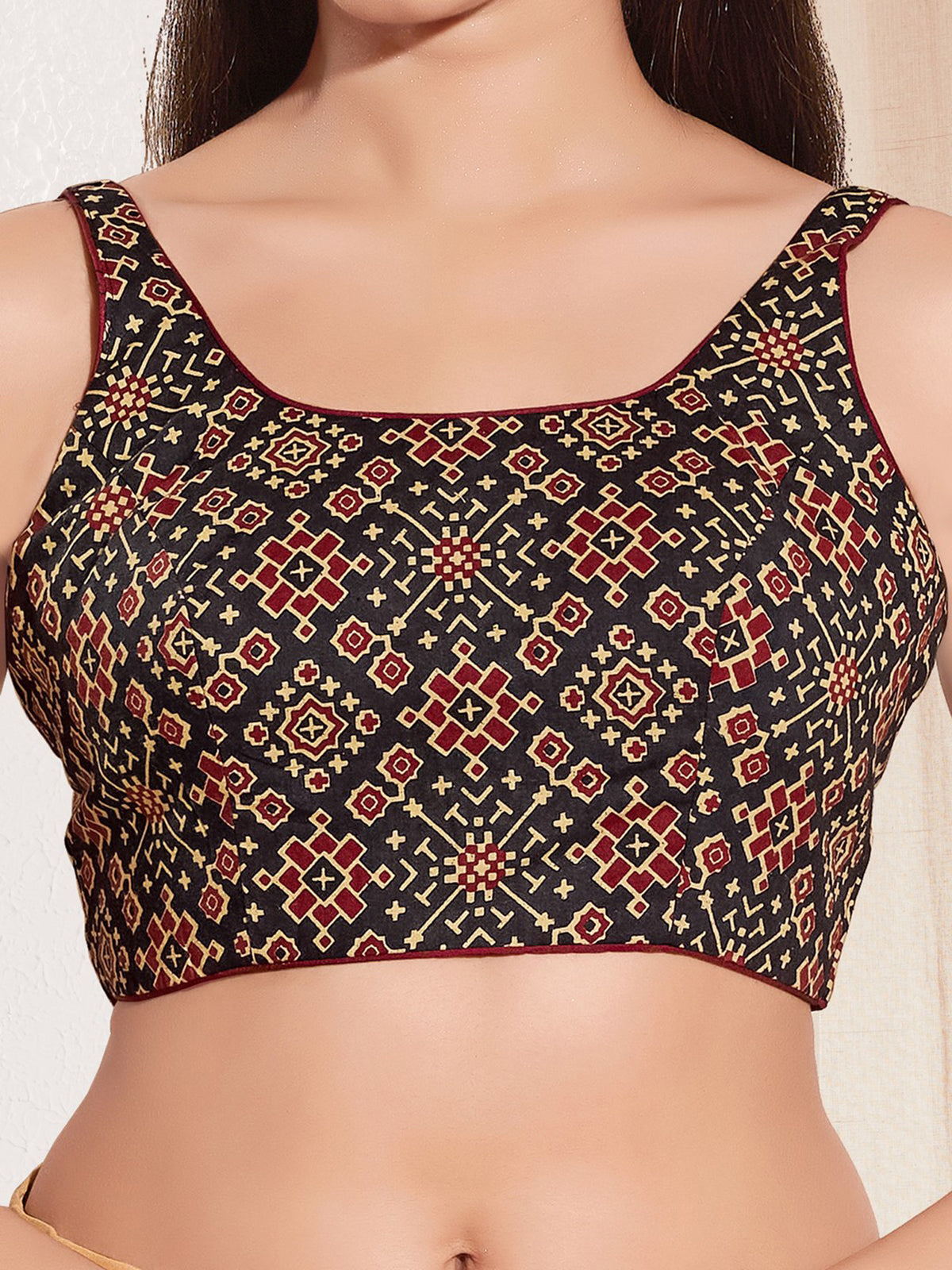 Black printed cotton square neck blouse