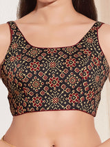 Black printed cotton square neck blouse