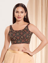 Black printed cotton square neck blouse