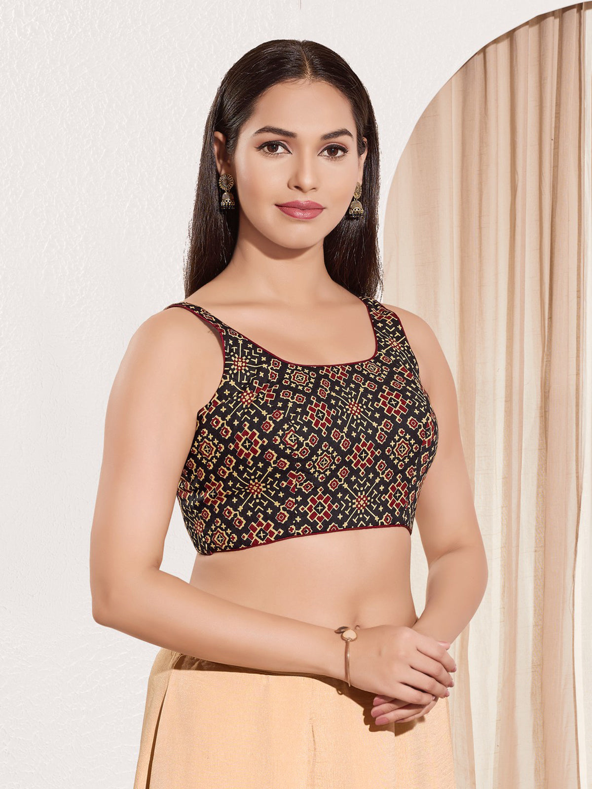 Black printed cotton square neck blouse
