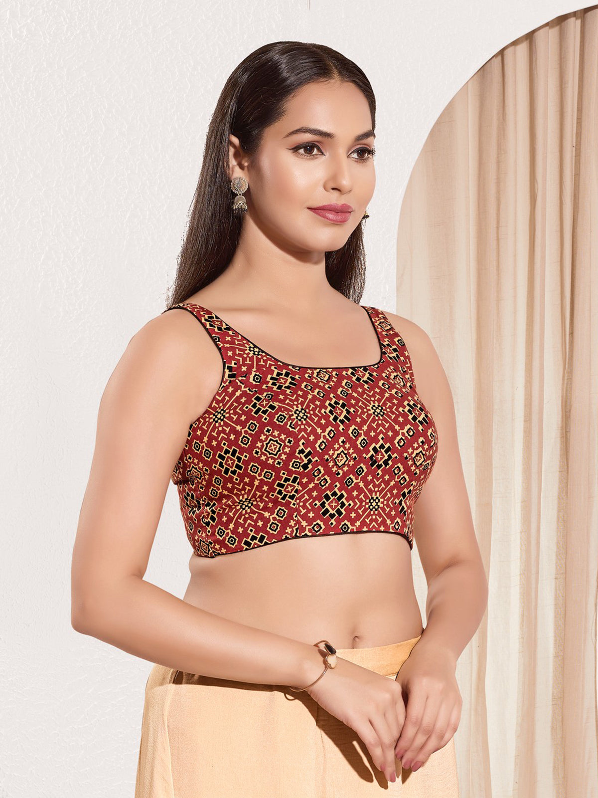 Maroon printed cotton square neck blouse