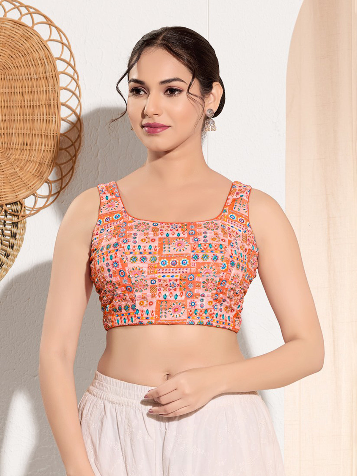 Peach printed rayon square neck blouse
