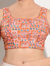 Peach printed rayon square neck blouse