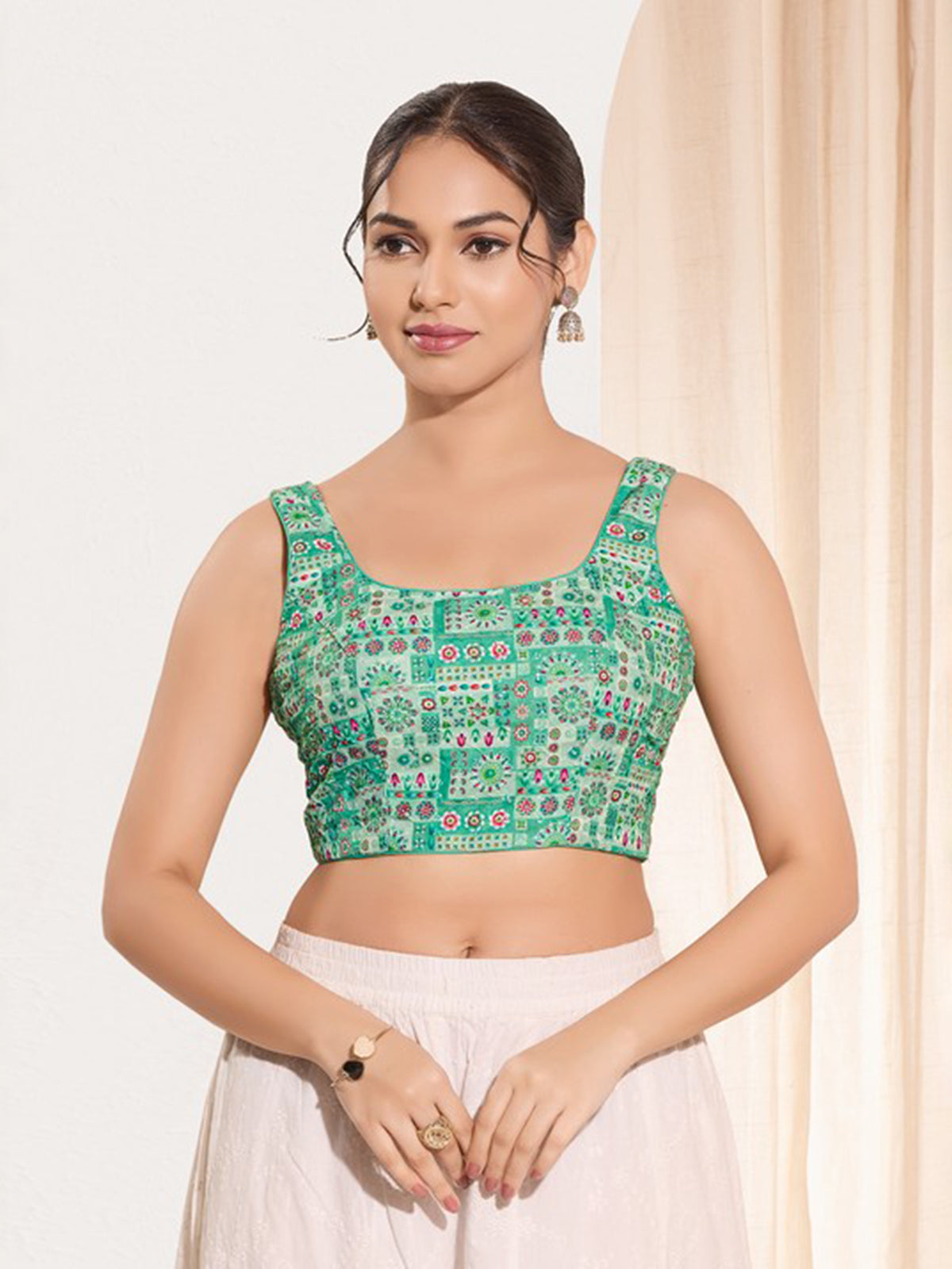 Sea green printed rayon square neck blouse