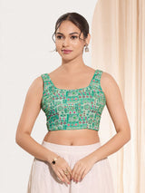 Sea green printed rayon square neck blouse