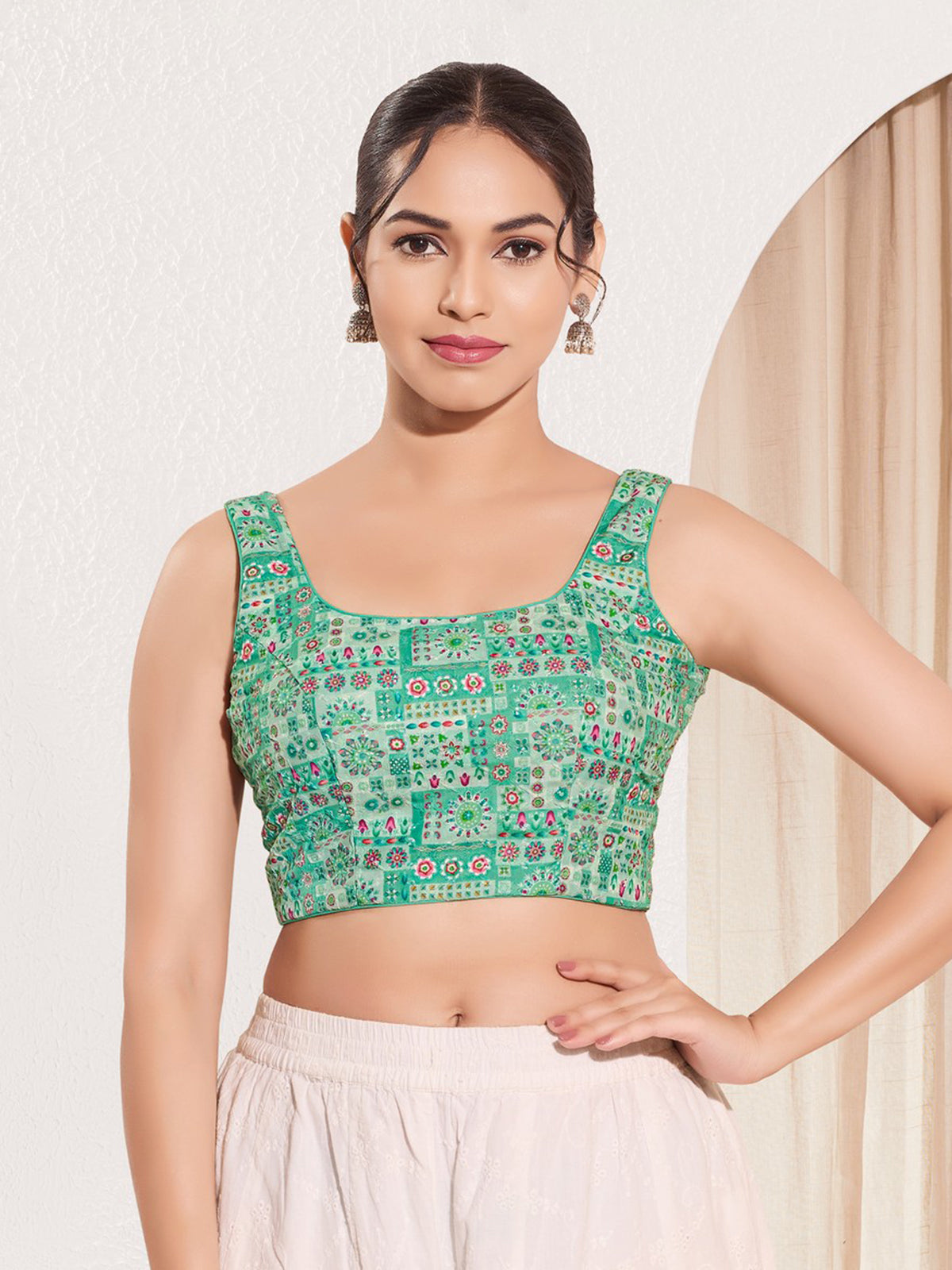 Sea green printed rayon square neck blouse