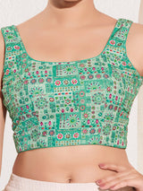Sea green printed rayon square neck blouse