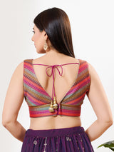 Magenta multi printed zari brocade sleeveless blouse