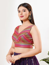 Magenta multi printed zari brocade sleeveless blouse