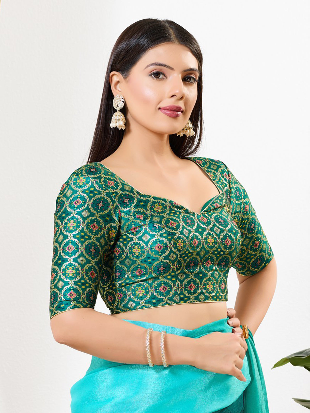 Rama green zari brocade sweetheart neck blouse