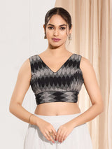 Black printed ikat silk sleeveless blouse