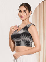 Black printed ikat silk sleeveless blouse