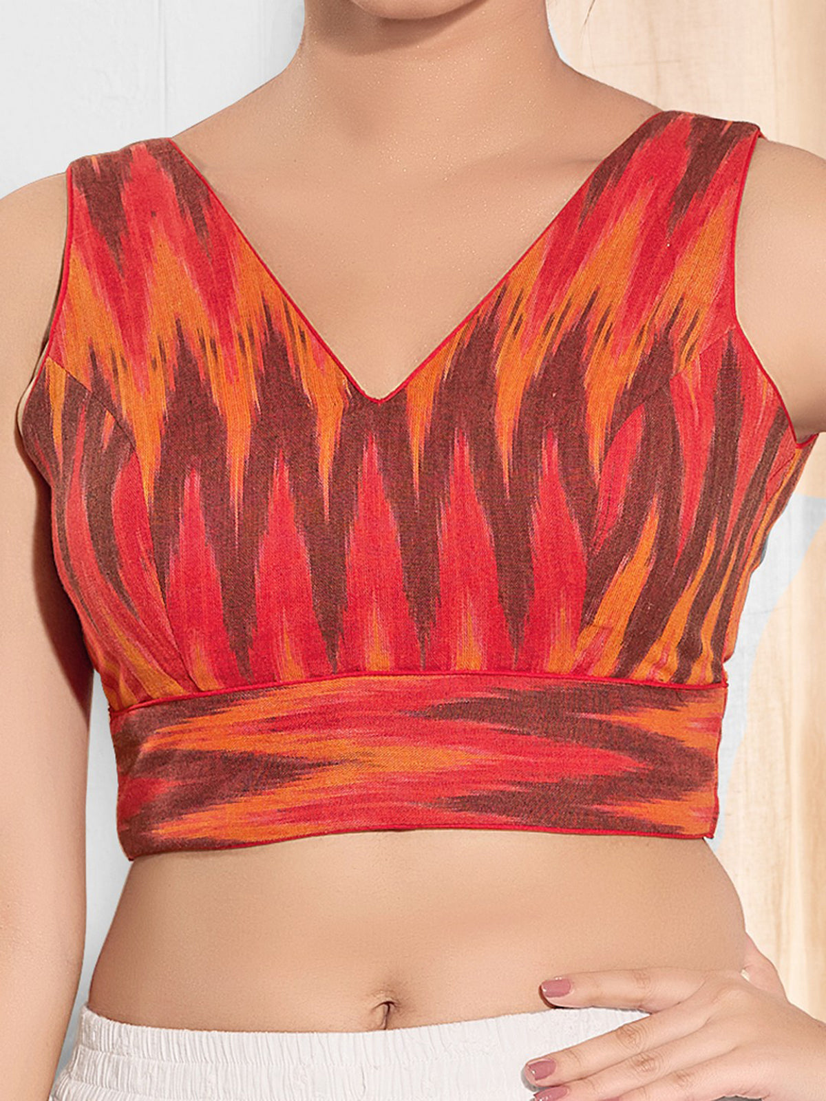 Red printed ikat silk ready blouse