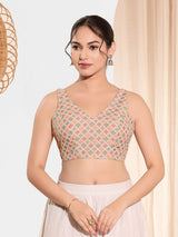 Peach printed jacquard sleeveless blouse