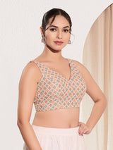 Peach printed jacquard sleeveless blouse