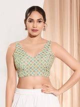 Pista green printed jacquard V neck blouse