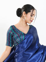 Blue multi stripe brocade V neck blouse