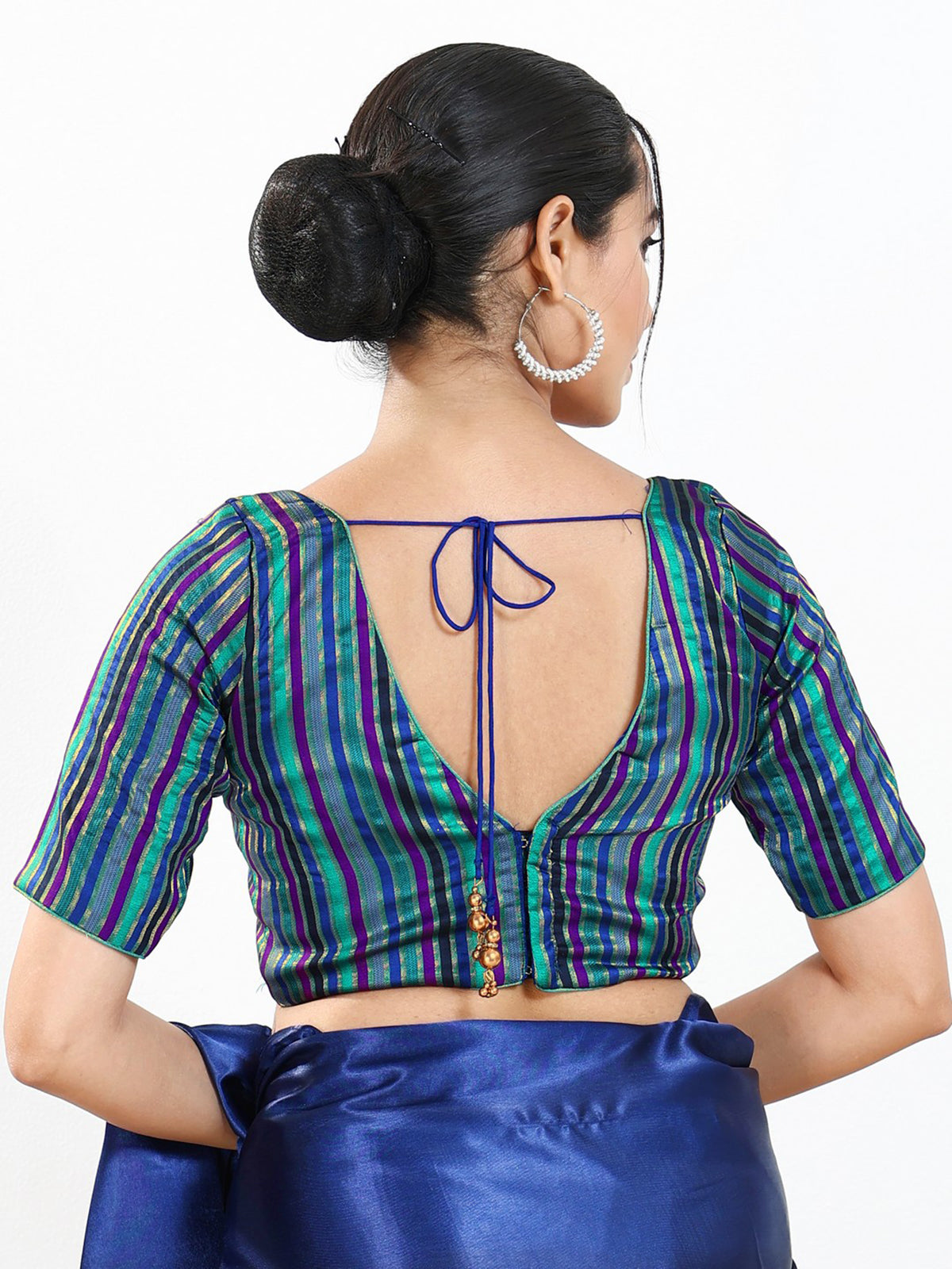 Blue multi stripe brocade V neck blouse