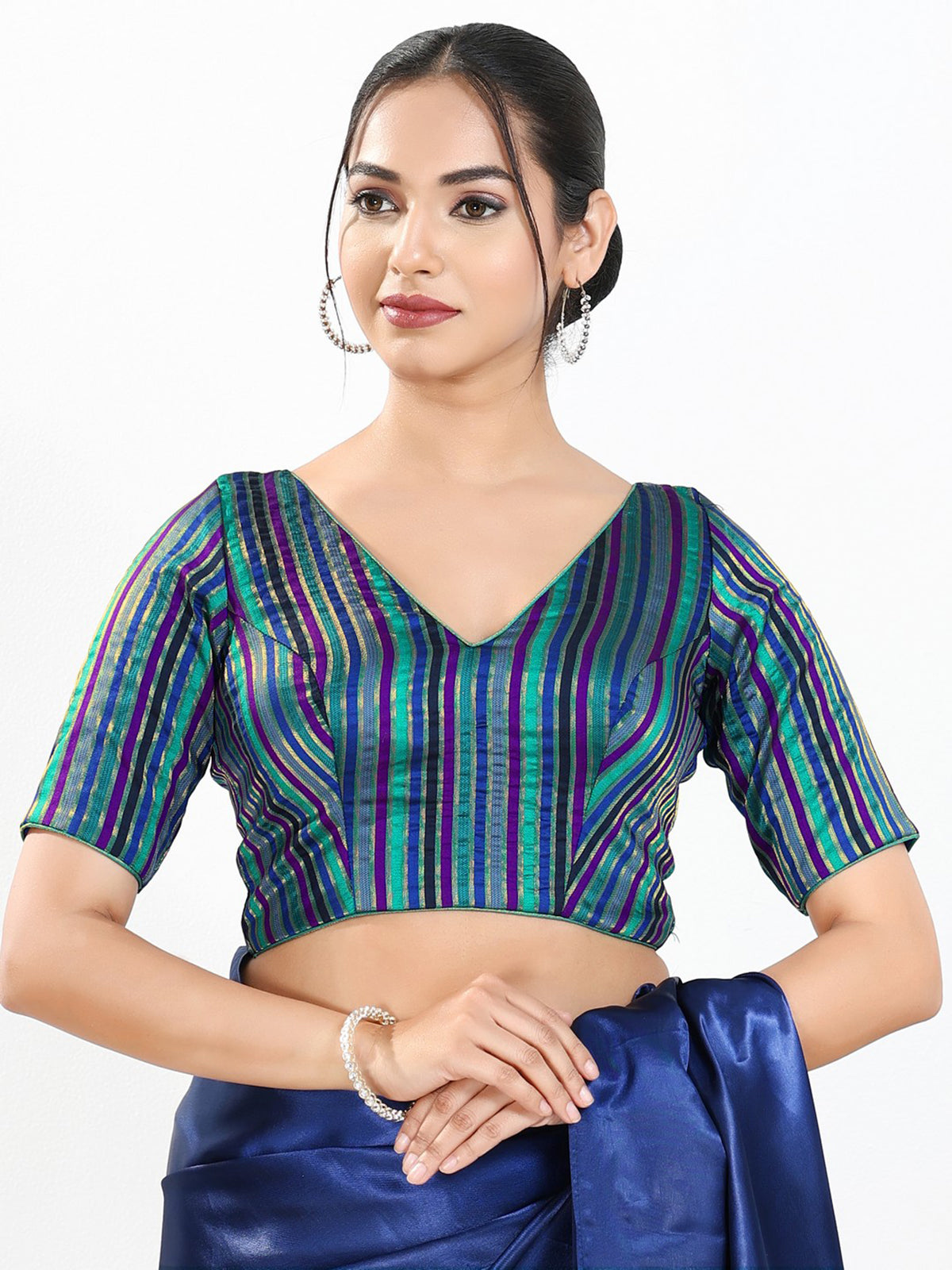 Blue multi stripe brocade V neck blouse