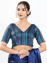 Blue multi stripe brocade V neck blouse