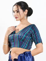 Blue multi stripe brocade V neck blouse