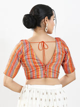 Orange multi stripe brocade V neck blouse