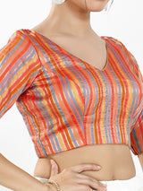 Orange multi stripe brocade V neck blouse