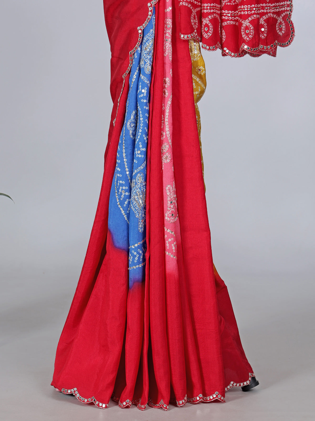Red bandhej printed muslin silk festive saree