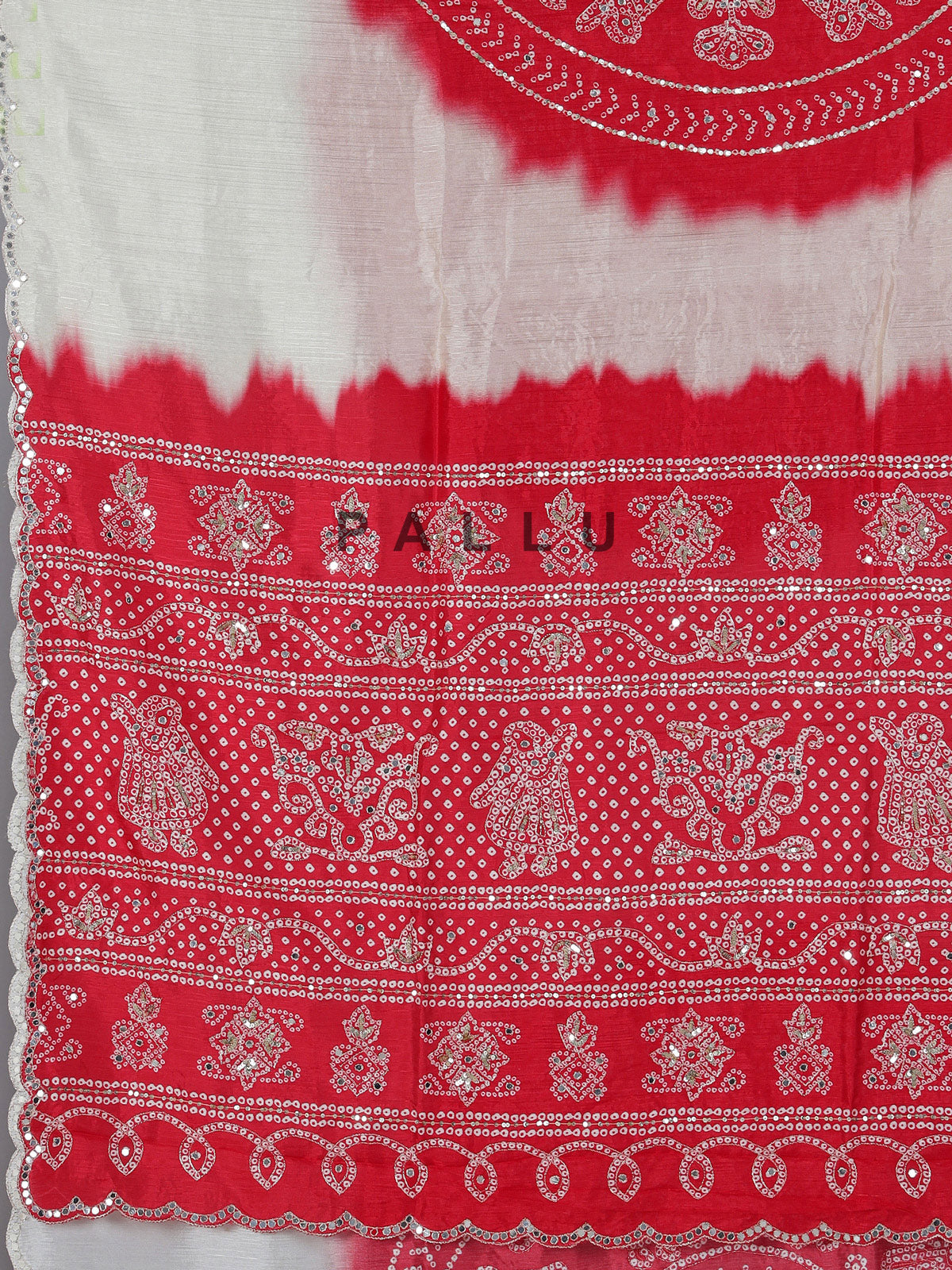 White and red bandhej muslin silk saree