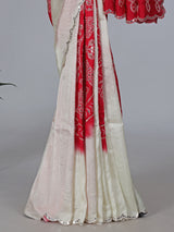 White and red bandhej muslin silk saree