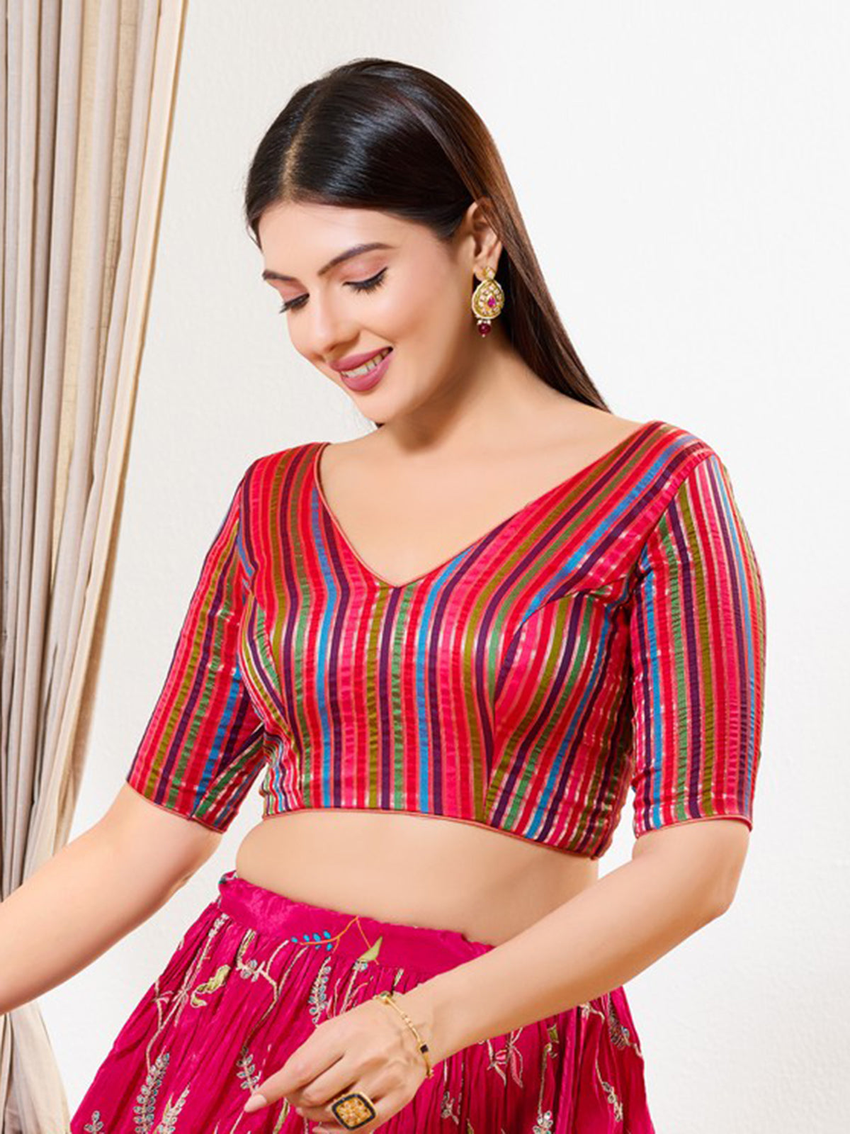Pink multi stripe brocade elbow sleeve blouse