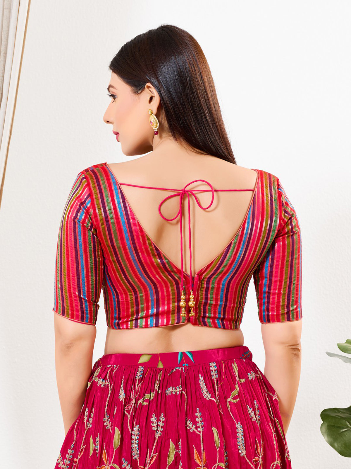 Pink multi stripe brocade elbow sleeve blouse