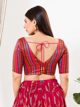 Pink multi stripe brocade elbow sleeve blouse