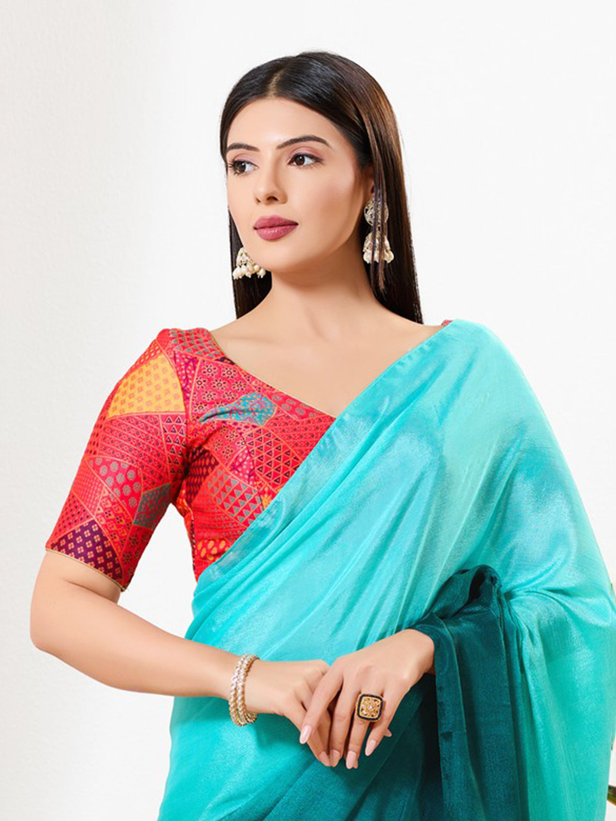 Red printed brocade V neck blouse