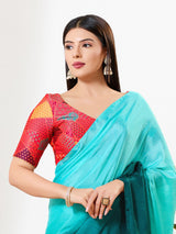 Red printed brocade V neck blouse
