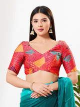 Red printed brocade V neck blouse